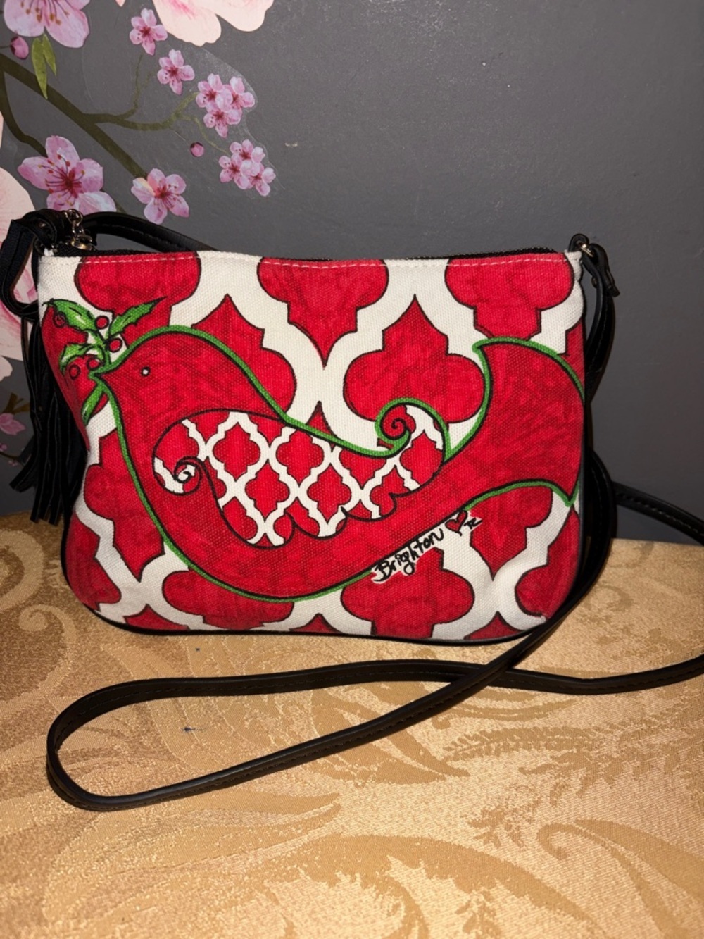 Brighton Red, White and Green Bird Motif Crossbody